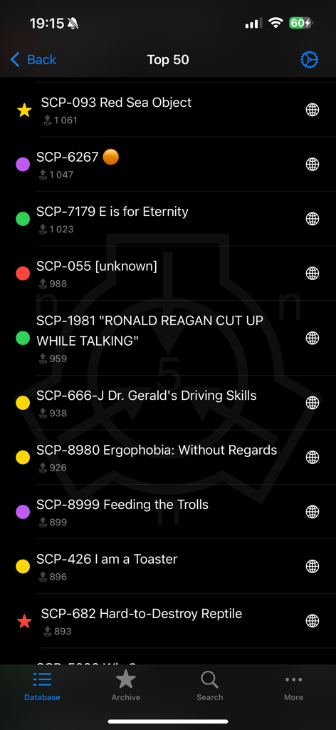 SCP Foundation Archive nn5n - Screenshot of the SCP Foundation Archive app showing a list of top-rated SCP objects like SCP-093 and SCP-682 in a dark theme.