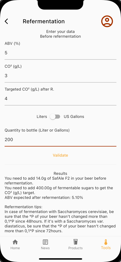 Fermentis - Interface du calculateur de refermentation dans l'application mobile Fermentis pour le brassage
