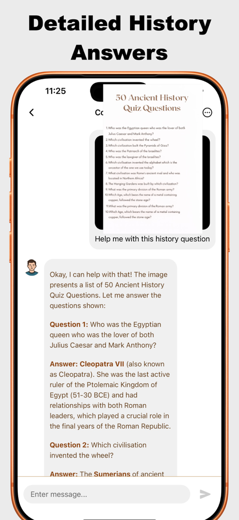 A smartphone showing the History AI app providing detailed answers to scanned ancient history quiz questions