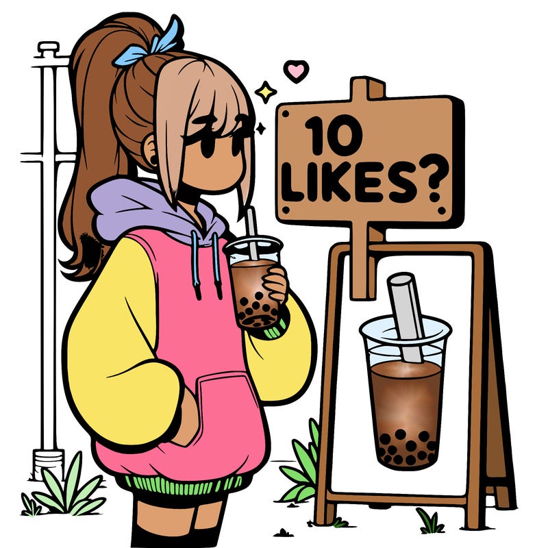 girl with oversized hoodie drinking boba and she has a high ponytail with a sign that says 10likes?
