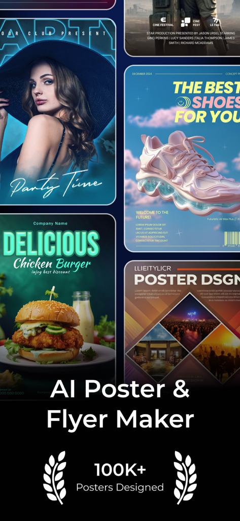 Uma coleção de pôsteres de IA projetados profissionalmente para eventos, moda e negócios de alimentação.