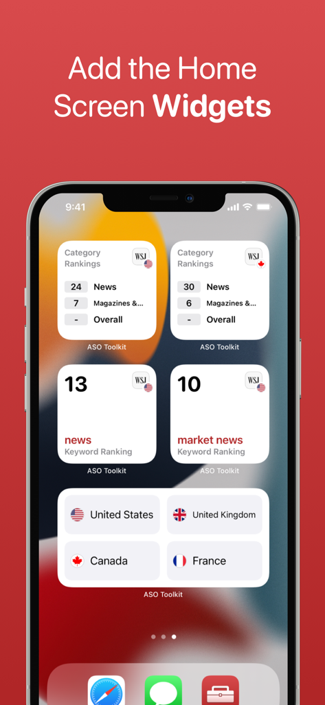 ASO Toolkit by Redbox Mobile - iPhone home screen showing ASO Toolkit widgets for keyword and category rankings