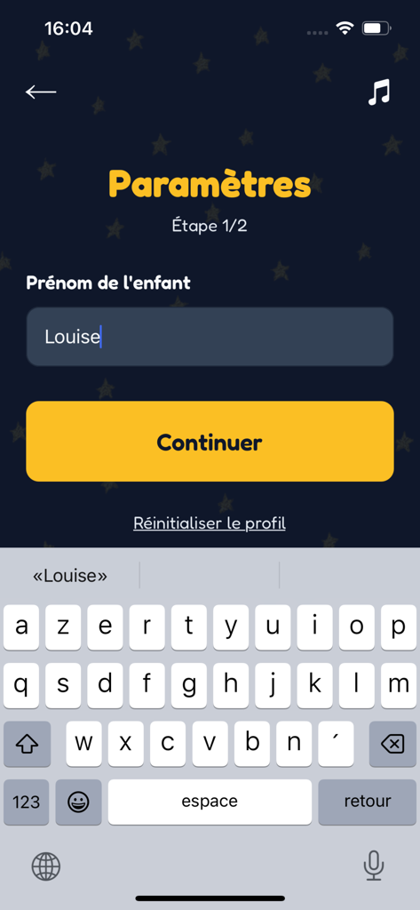 eBooKids - Personalization settings screen in eBooKids app where a user enters the child's name Louise