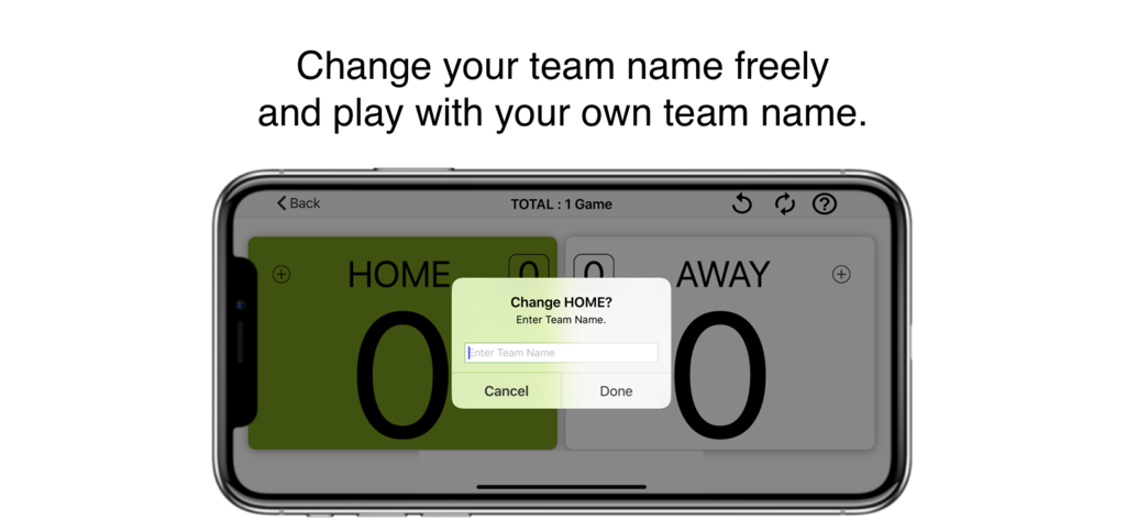 Table Tennis ScoreHelpe app interface showing a popup to change and customize the home team name on a digital scoreboard