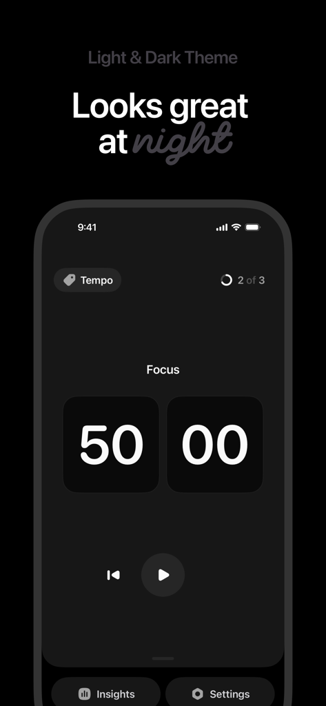 Tempo Focus - Pomodoro Timer - Interfaz de la aplicación Tempo Focus en modo oscuro que muestra una sesión de temporizador Pomodoro de 50 minutos