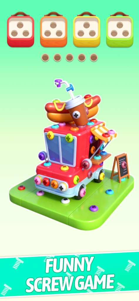 Cube Out 3D :Jam Puzzle - A 3D food truck covered in colorful screws with matching sorting boxes