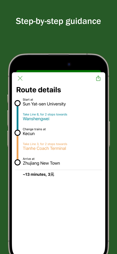 Explore Guangzhou - Guangzhou metro app showing step by step route guidance and travel details on an iPhone