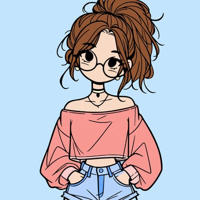 girl with a messy ponytail glasses a baggy crop top and jean shorts