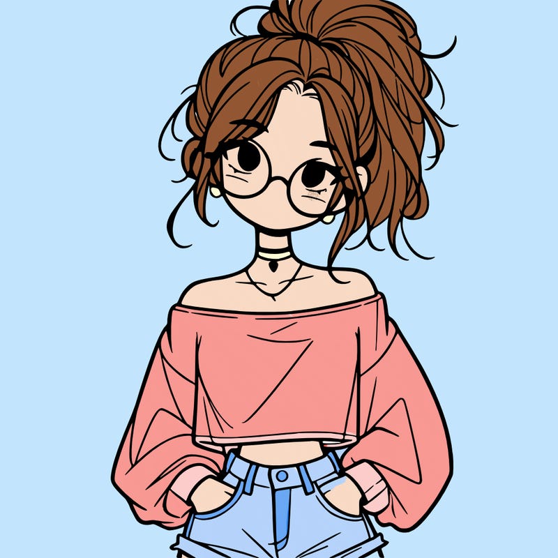 girl with a messy ponytail glasses a baggy crop top and jean shorts