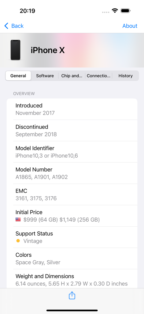 Mactracker app screen showing detailed hardware specifications for the iPhone X