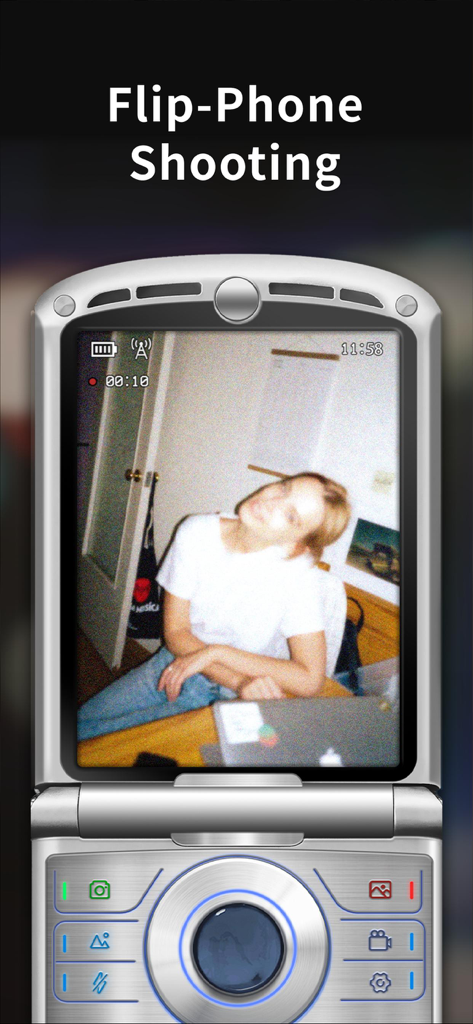 OldRoll app interface simulating a vintage flip phone camera for Y2K style photos