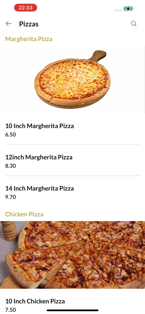 Greenbank Fish Bar mobile app pizza menu featuring Margherita and Chicken pizza options with prices