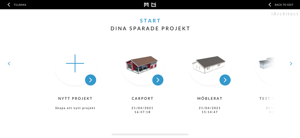 iArchitect - Dashboard of iArchitect app showing saved 3D design projects for a carport and a house