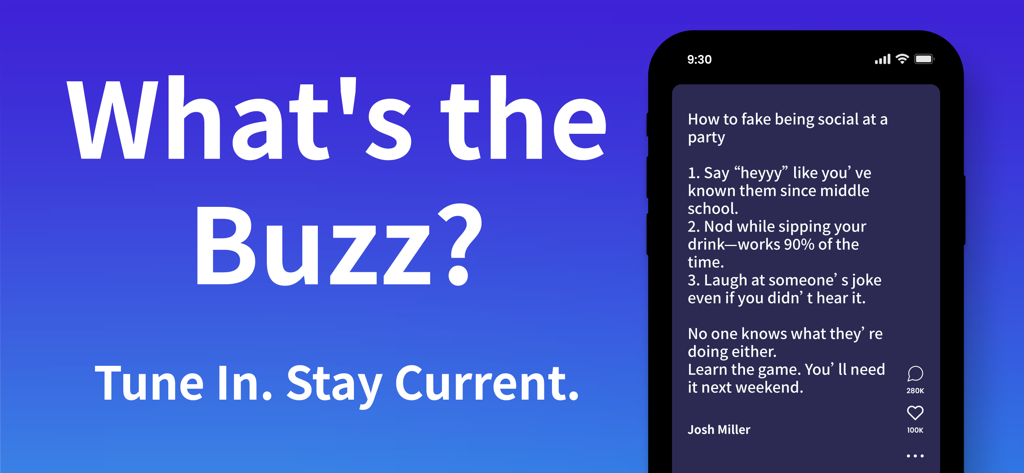 MixerBox AI app interface showing a summarized podcast insight titled How to fake being social at a party next to the text What's the Buzz? Tune In. Stay Current.