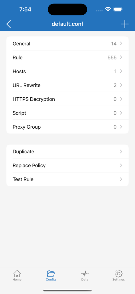 Shadowrocket-App-Konfigurationsbildschirm mit Einstellungen für Regeln, Hosts und URL-Rewriting.