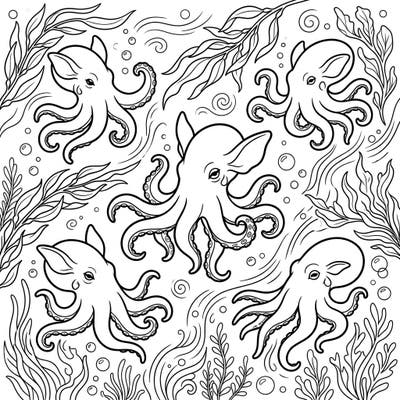 Unleash your creativity with this captivating coloring page featuring charming Dumbo Octopuses in their deep-sea habitat, perfect for teens. Enjoy the challenge of intricate kelp and bubble details as you bring these unique marine creatures to life.