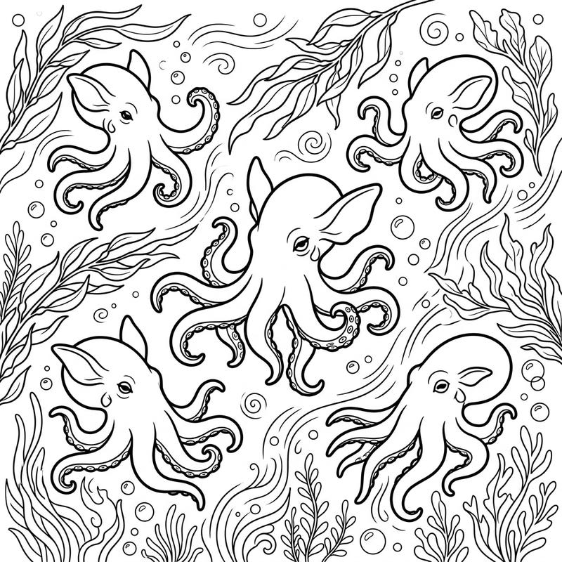 Unleash your creativity with this captivating coloring page featuring charming Dumbo Octopuses in their deep-sea habitat, perfect for teens. Enjoy the challenge of intricate kelp and bubble details as you bring these unique marine creatures to life.