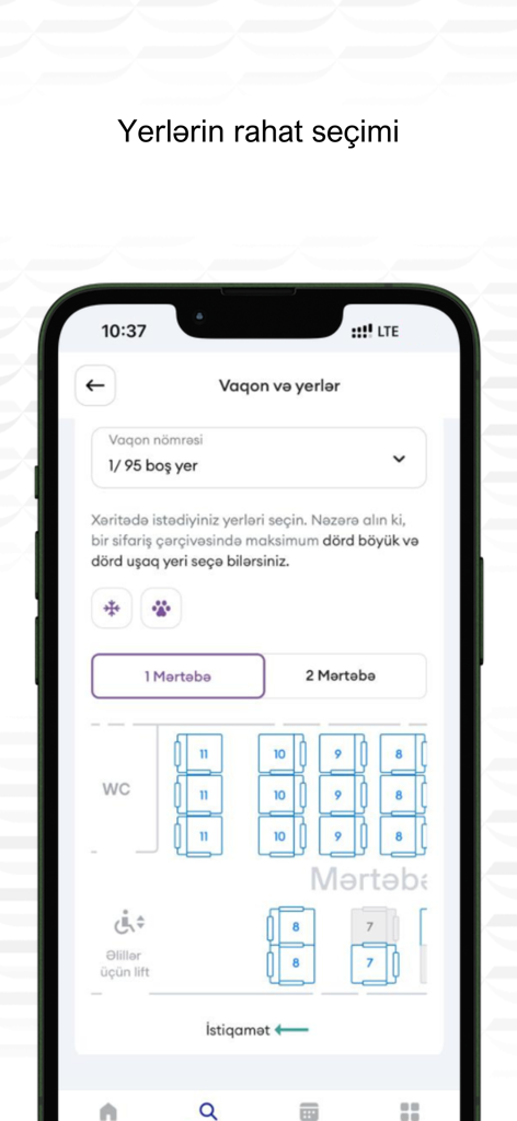 Pantalla de la aplicación ADY Mobile que muestra un mapa de asientos de un vagón de tren para la reserva de billetes
