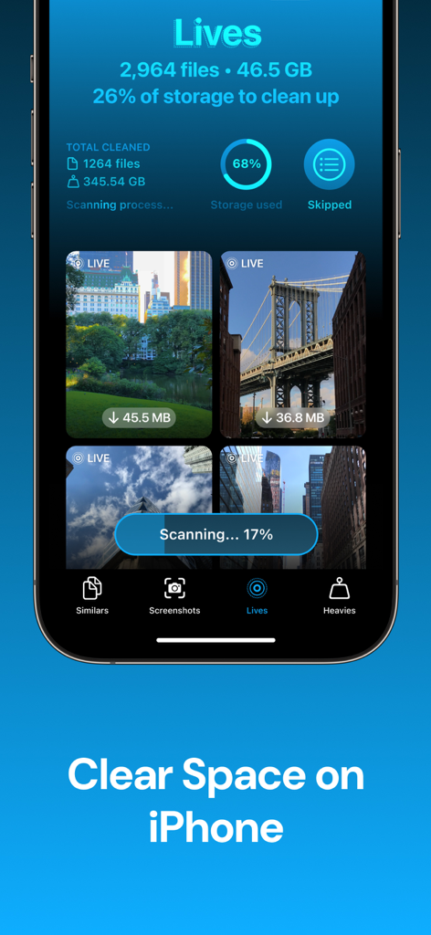Clever Cleaner: AI CleanUp App - La interfaz de la aplicación Clever Cleaner muestra el análisis de fotos en vivo para liberar espacio de almacenamiento en el iPhone
