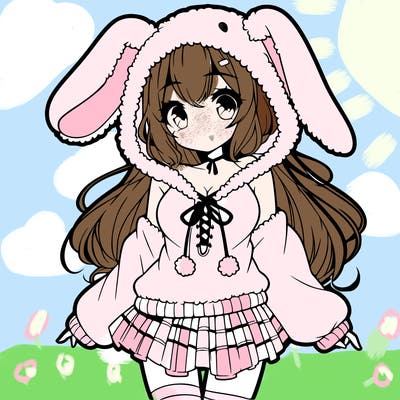 pretty anime girl wearing a fluffy hoodie with bunny ears on the hood and a skirt