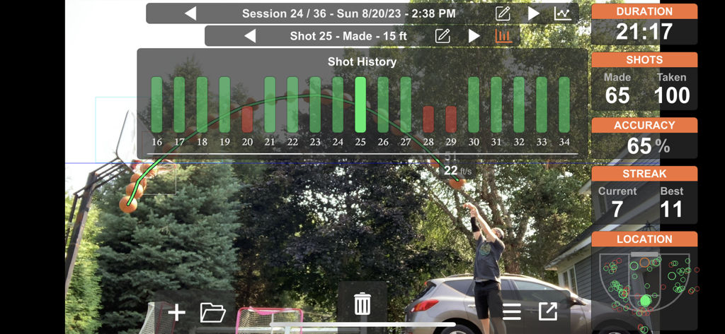 Basketball ShotBot - Interface of the Basketball ShotBot app displaying shot trajectory tracking and performance statistics including accuracy and streak