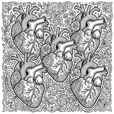 Dive into a world of intricate beauty with this adult coloring page featuring highly detailed anatomical hearts. Each heart is interwoven with elegant floral designs, offering a unique and meditative artistic experience.