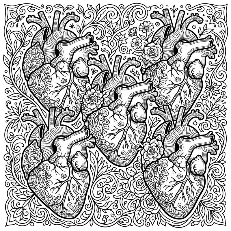 Dive into a world of intricate beauty with this adult coloring page featuring highly detailed anatomical hearts. Each heart is interwoven with elegant floral designs, offering a unique and meditative artistic experience.