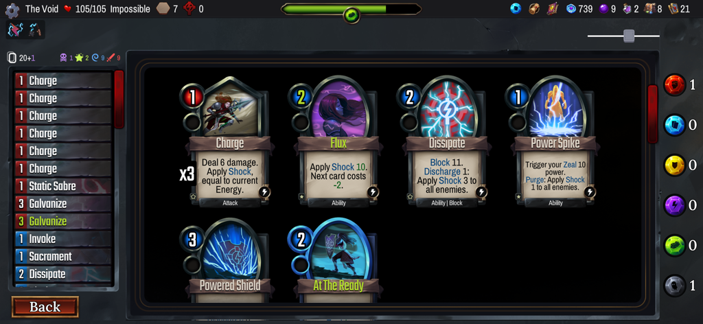 Vault of the Void - Vault of the Void deck building screen showing various ability cards like Charge and Flux with their stats and effects