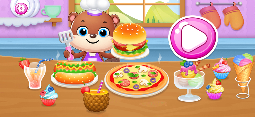 Kids Cooking Game 2+ year olds - Main menu of Kids Cooking Game featuring a cute bear chef and colorful foods like pizza and cupcakes