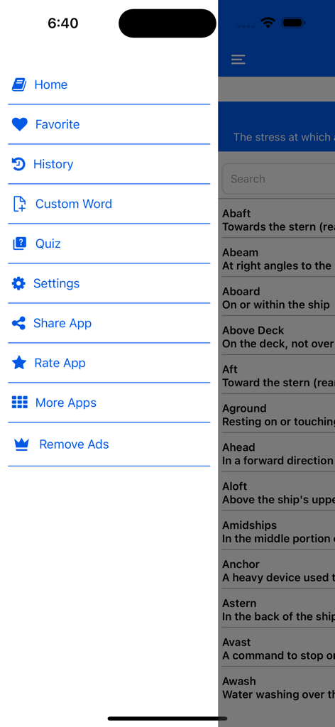Maritime Terms & Dictionary - Sidebar menu of the Maritime Terms and Dictionary app showing navigation options and nautical terms