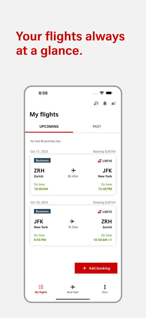 SWISS Mobile-App-Oberfläche, die eine bevorstehende Flugroute zwischen Zürich und New York in Business Class anzeigt.