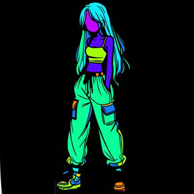 girl in baggy pants crop top and long hair