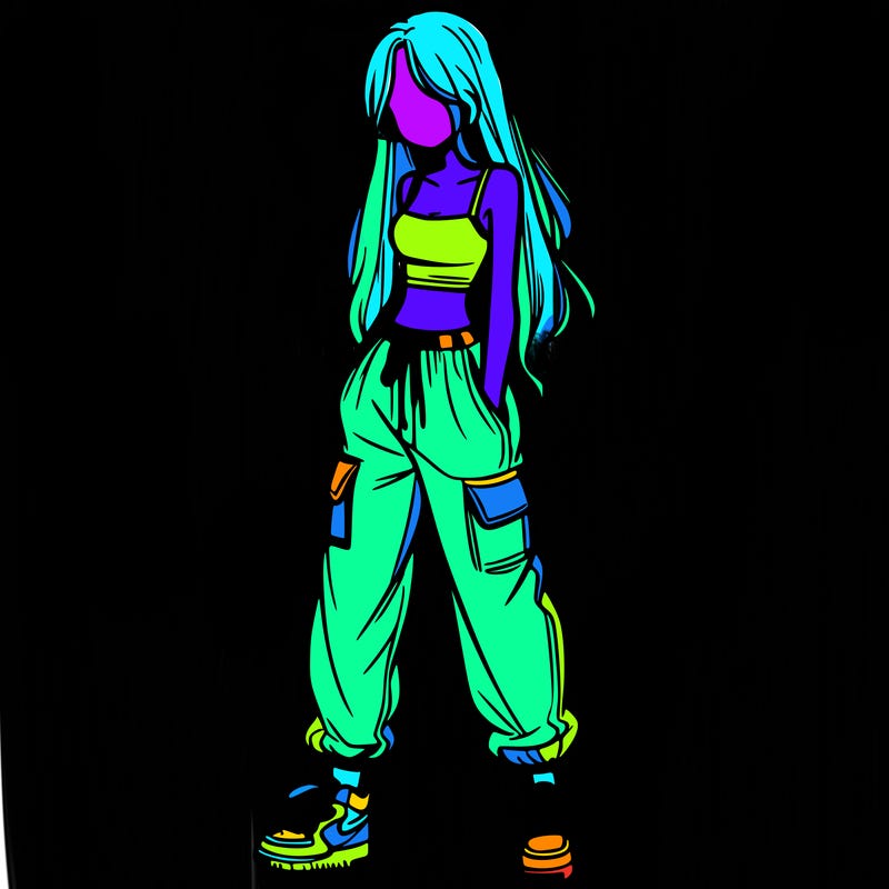 girl in baggy pants crop top and long hair