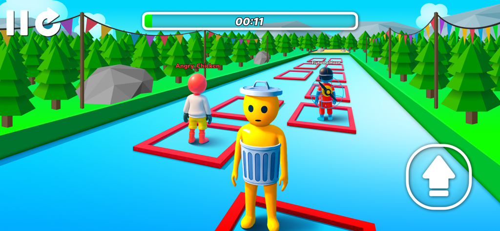 Mega Obby - Parkour Fun Run 3D - Cartoon characters navigating a 3D parkour obstacle course with red square platforms in a forest.
