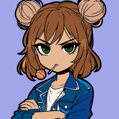 an anime girl with pigtails buns that are loose and free, she is wearing a jean jacket with her arms crossed. she has a lollipop in her mouth with her eyes narrowed. she looks very cool and daring