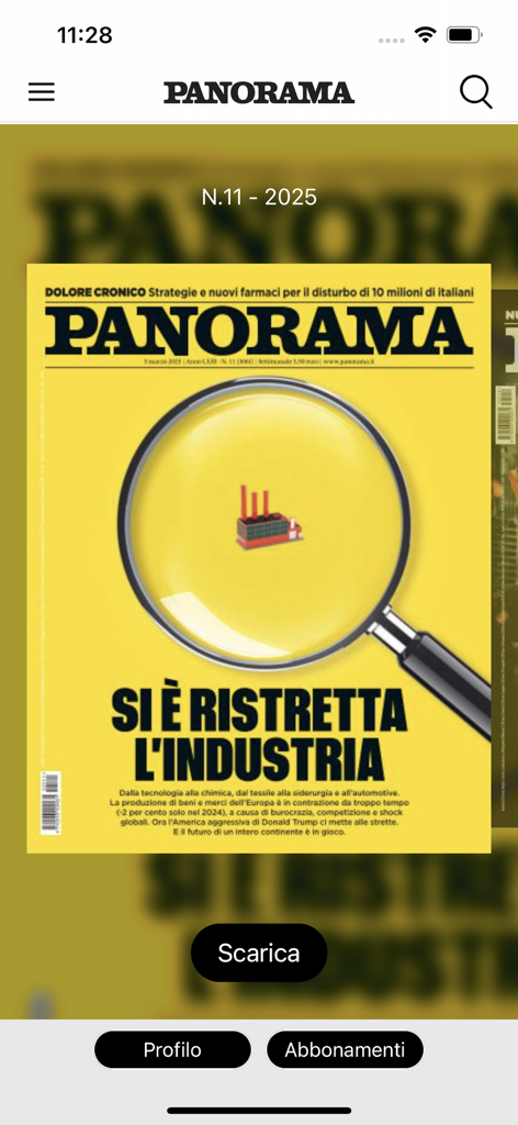 Interfaz de la aplicación Panorama que muestra la portada de un número de revista de noticias italiana