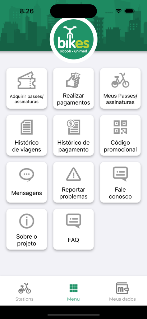 Bikes ES - User interface menu of the Bikes ES app showing bike pass and payment options