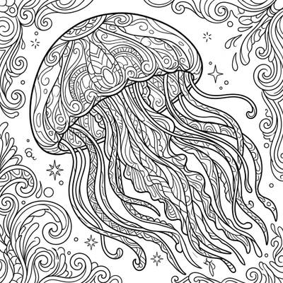 Unleash your creativity with this stunning adult coloring page featuring a magnificent crystal jellyfish. Its intricate patterns and flowing form offer a mesmerizing escape into the serene beauty of the deep ocean.