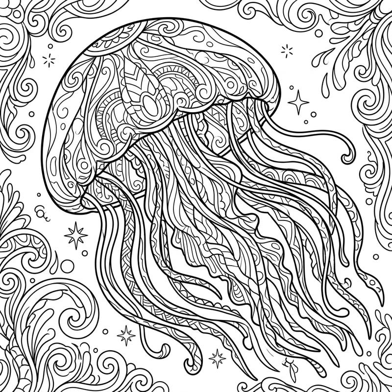 Unleash your creativity with this stunning adult coloring page featuring a magnificent crystal jellyfish. Its intricate patterns and flowing form offer a mesmerizing escape into the serene beauty of the deep ocean.