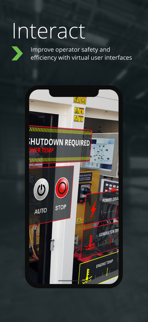 Interfaz de realidad aumentada en un dispositivo móvil que muestra alertas industriales y controles virtuales sobre la maquinaria