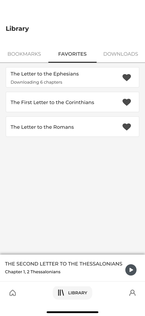The favorites tab of the AudioBible Superproduction app library showing a list of saved biblical letters.