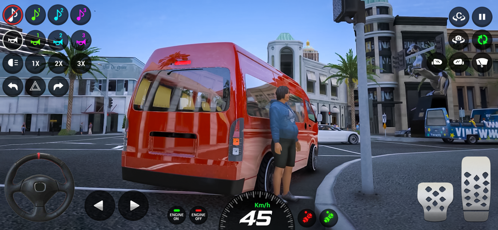 Dubai Van Simulator Game 3D - A red van in a modern city street with driving simulator game controls