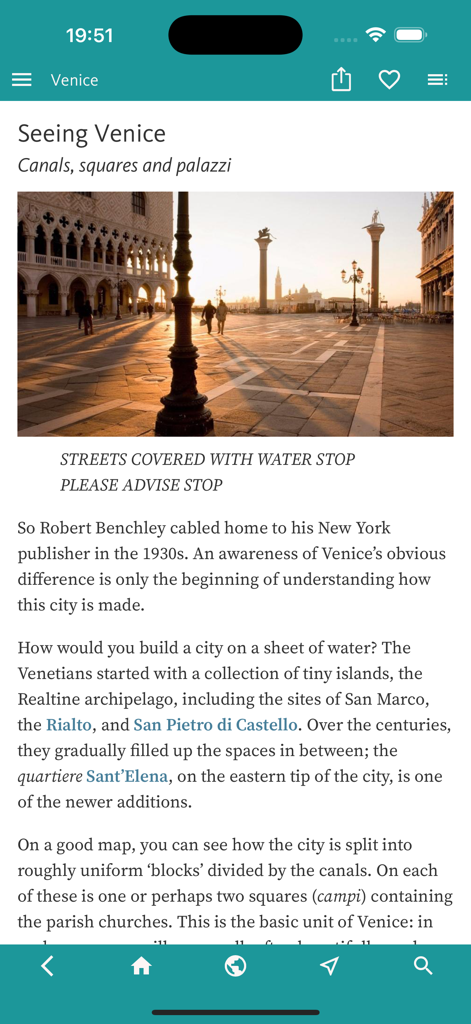 Screenshot of the Venice Art and Culture app showing an article about the city history with a sunset photo of St Marks Square