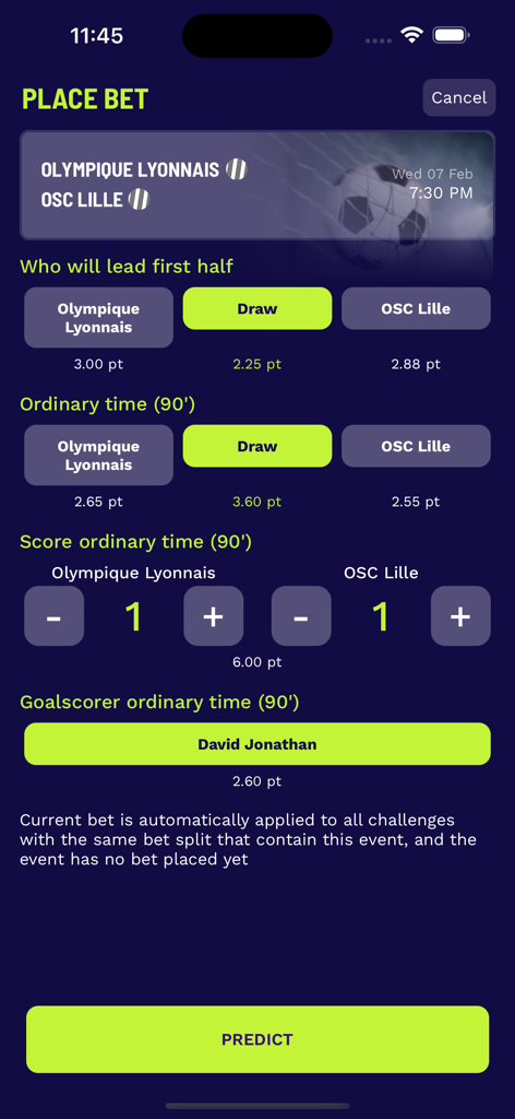 Yepp - A mobile app screen for predicting soccer match outcomes and scores on Yepp