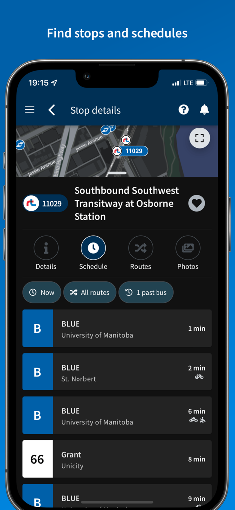 Winnipeg Transit - Winnipeg Transit app interface showing real-time bus arrival times and stop details for Osborne Station