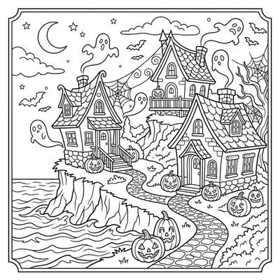 Prepare for a Halloween treat with this enchanting coloring page featuring spooky coastal cottages! Adorned with jack-o'-lanterns, friendly ghosts, and flying bats, it's perfect for a ghoulishly good time.