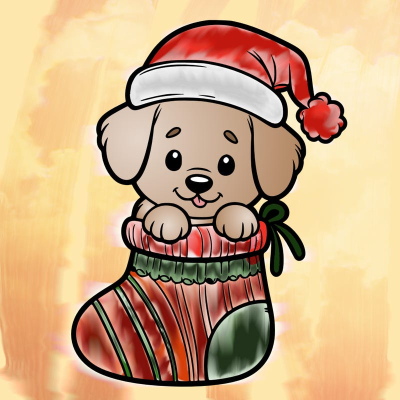 cute puppy wearing santa hat in socking