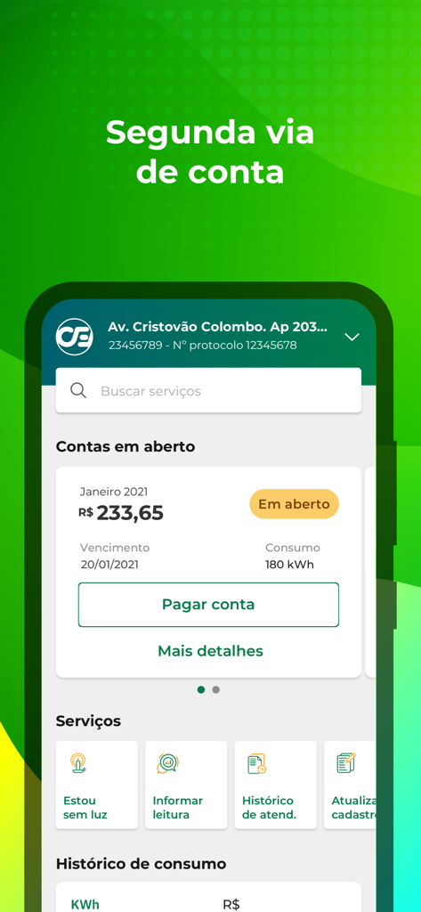 Cemig Atende app screen showing an open electricity bill and service options like paying bills and reporting power outages