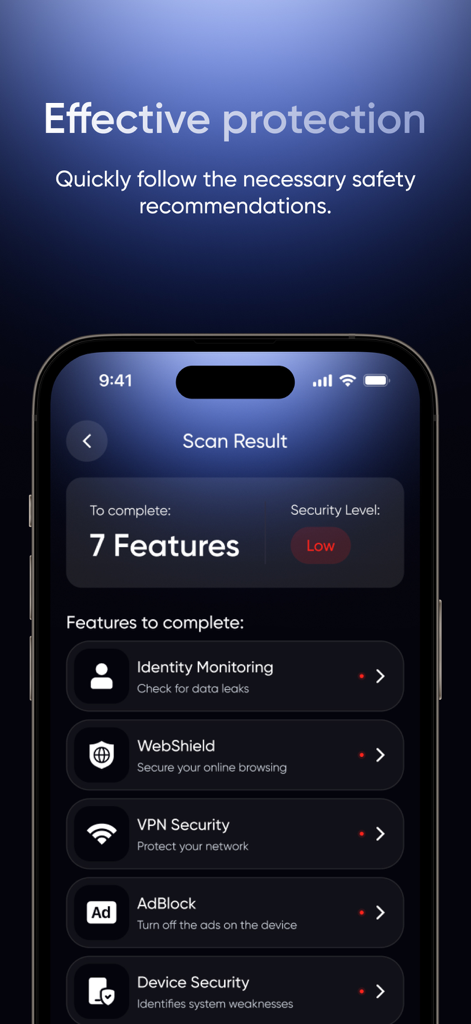 Safy·Ai Virus Protection - Safy Ai app security scan results screen showing recommended features like VPN and Identity Monitoring