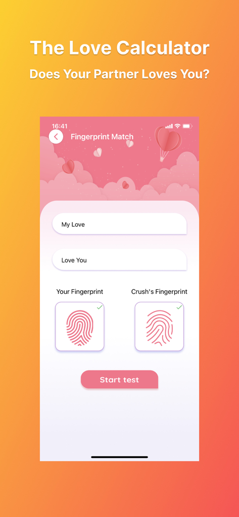 Crush Love Calculator Test - Fingerprint match screen for the Crush Love Calculator app compatibility test.